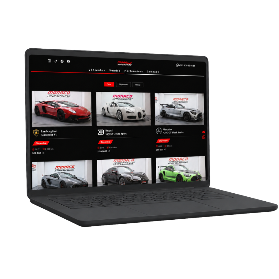 Site internet de Monaco Supercars présenté sur ordinateur, réalisé par l’agence web Rocher Blanc à Monaco