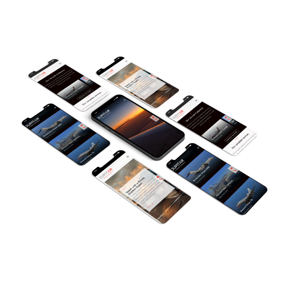 Mockup of multiple smartphones displaying various pages of the JupitAir website in mobile version, including the homepage with sunset view, aircraft collection, and 'About us' and services sections.