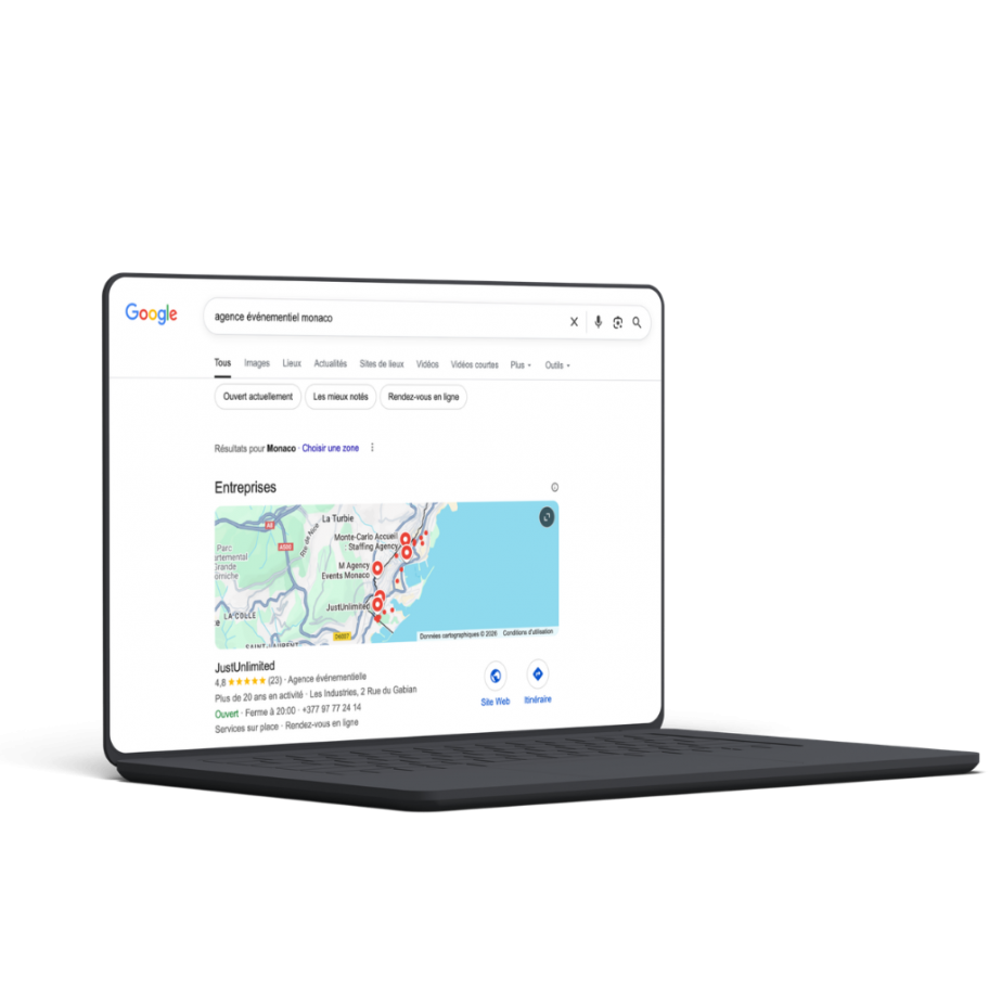 Résultats Google mettant en avant l’agence événementielle JustUnlimited à Monaco après une stratégie SEO et SEA menée par Rocher Blanc
