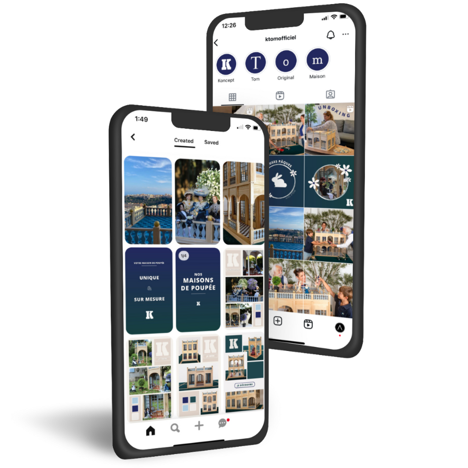 Mockup of two phones on K'Tom's Instagram and Pinterest accounts
