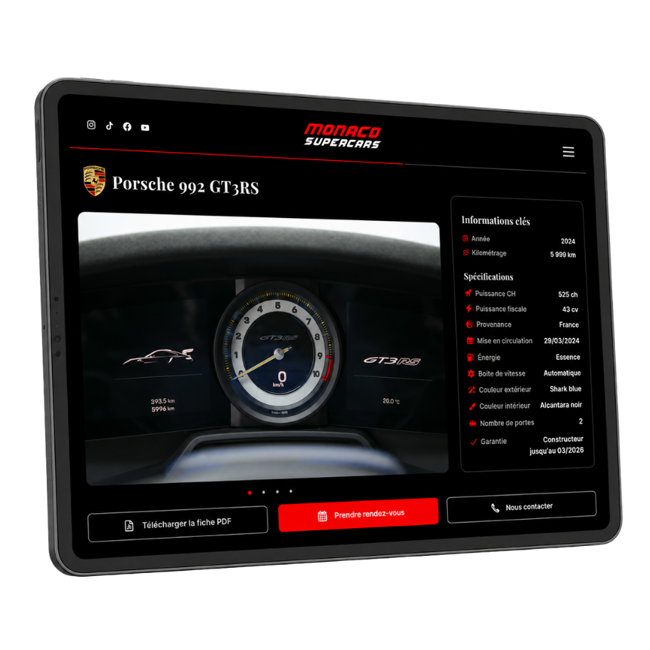 Mockup iPad du site Monaco Supercars présentant une Porsche 992 GT3RS, réalisé par l’agence web Rocher Blanc à Monaco