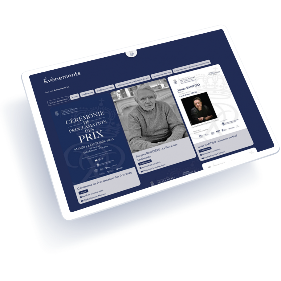 Mockup du site internet de la Fondation Prince Pierre affichant la page des événements culturels, réalisé par Rocher Blanc, agence digitale à Monaco spécialisée en création de sites web institutionnels