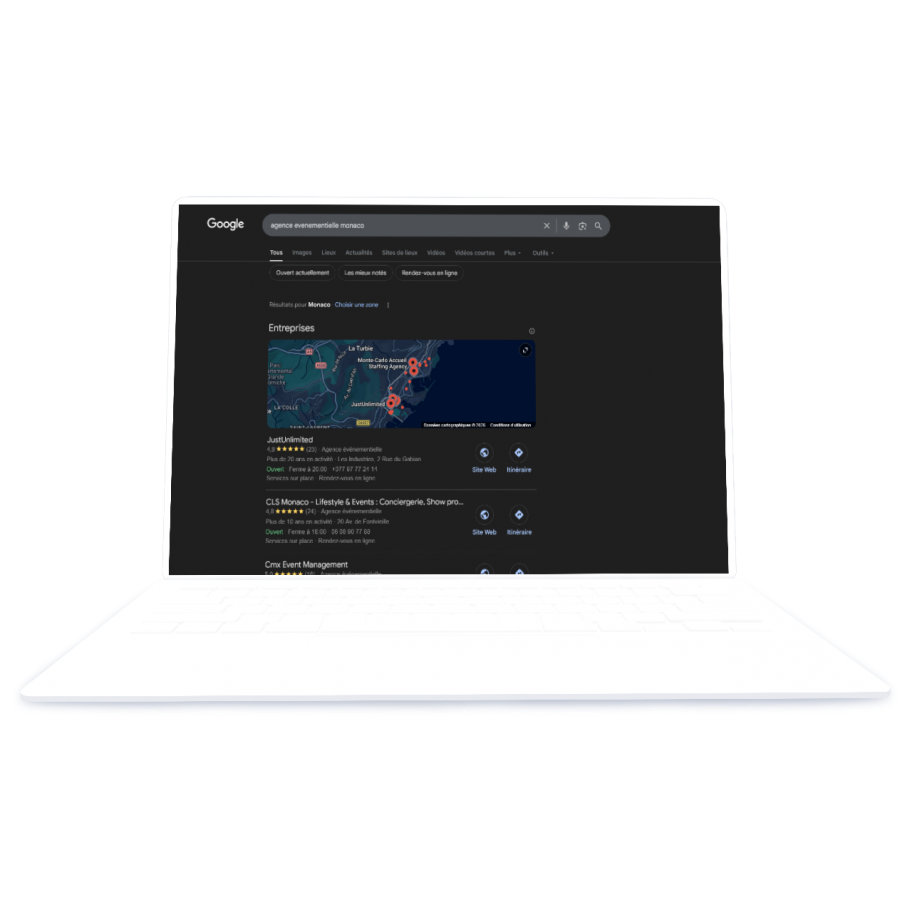 Résultats Google mettant en avant l’agence événementielle JustUnlimited à Monaco après une stratégie SEO et SEA menée par Rocher Blanc