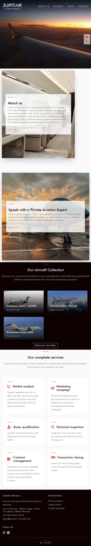 Mobile version of Jupitair Monaco homepage, displaying private aviation services with aerial sunset view, 'About us' section, private aviation expert, aircraft collection (Gulfstream G650, Dassault Falcon 2000LXS, Bombardier Global 6000), and comprehensive services including market analysis, marketing, buyer qualification, and technical inspection.