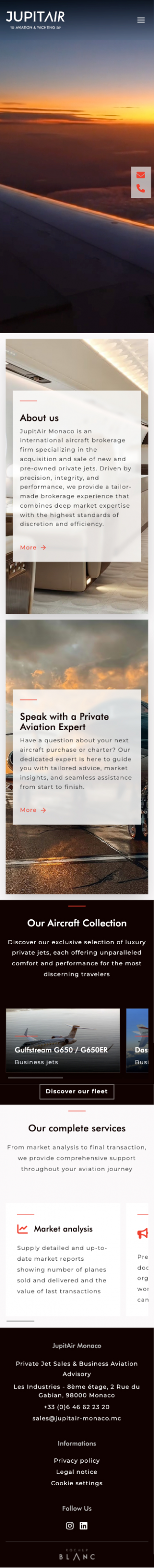Version mobile de la page d'accueil Jupitair Monaco, affichant les services d'aviation privée avec vue aérienne au coucher de soleil, section 'About us', expert en aviation privée, collection d'avions (Gulfstream G650, Dassault Falcon 2000LXS, Bombardier Global 6000) et services complets incluant analyse de marché, marketing, qualification acheteur et inspection technique.