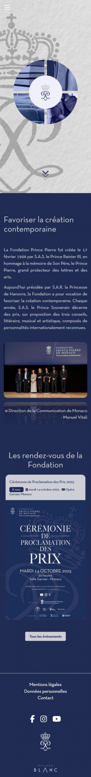 Aperçu mobile du site internet de la Fondation Prince Pierre de Monaco conçu par Rocher Blanc, agence digitale à Monaco, avec effet de scroll immersif