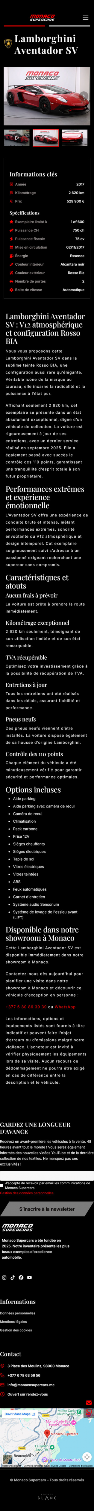 Page mobile du site Monaco Supercars présentant une Lamborghini Aventador SV, réalisée par l’agence web Rocher Blanc